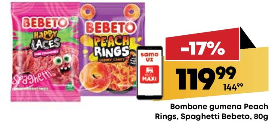 Bombone gumena Peach Rings, Spaghetti Bebeto, 80g