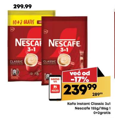 Kafa instant Classic 3u1 Nescafe 155g/186g 1 0+2gratis