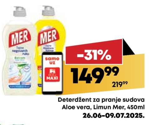 Deterdžent za pranje sudova Aloe vera, Limun Mer, 450ml
