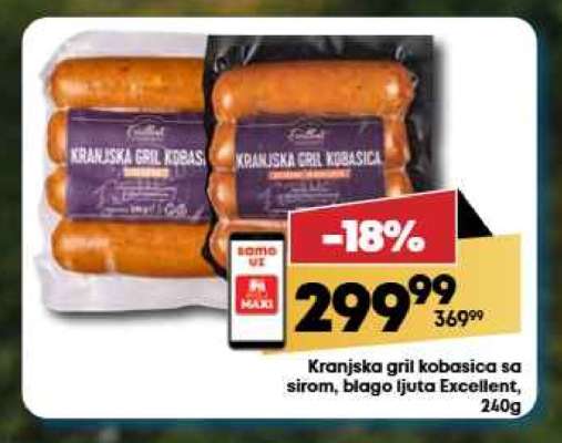 Kranjska gril kobasica sa sirom, blago ljuta Excellent, 240g