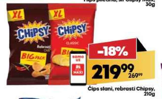 Čips slani, rebrasti Chipsy, 210g