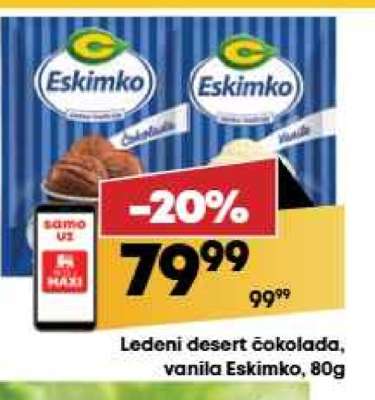 Ledeni desert čokolada, vanila Eskimko, 80g
