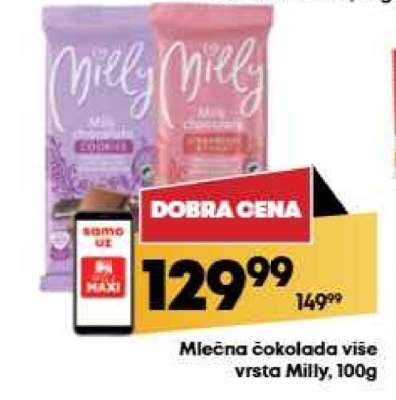 Mlečna čokolada više vrsta Milly, 100g