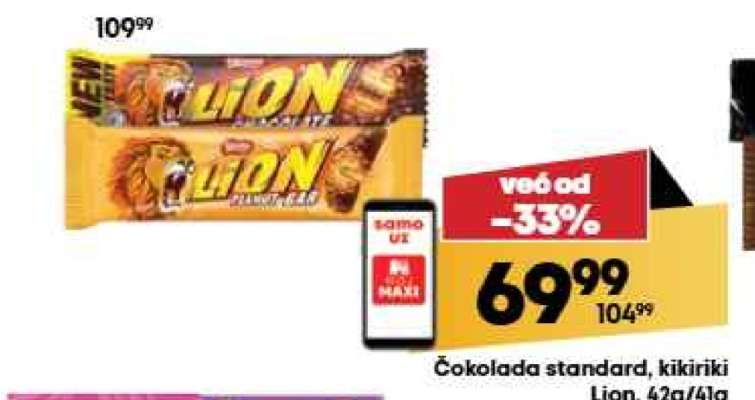 Čokolada standard, kikiriki Lion, 42g/41g