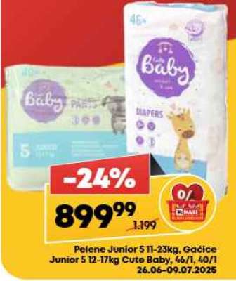 Pelene Junior 5 11-23kg, Gaćice Junior 5 12-17kg Cute Baby, 46/1, 40/1