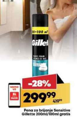 Pena za brijanje Sensitive Gillette, 200ml+100ml gratis