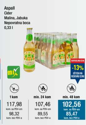 Aspall Cider Malina, Jabuka Nepovratna boca 0,33 l