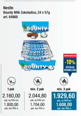 Nestle Bounty Milk čokoladica, 24 x 57g