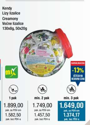 Kendy Lizy lizalice Creamony Voćne lizalice 130x8g, 50x20g