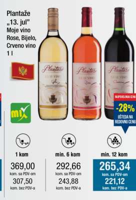 Plantaže „13. jul” Moje vino Rose, Bijelo, Crveno vino 1 l
