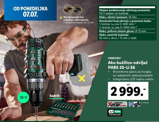 PARKSIDE® Aku bušilica-odvijač PABS 20-Li E6