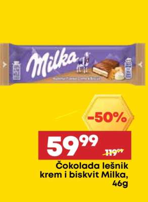 Čokolada lešnik krem i biskvit Milka, 46g