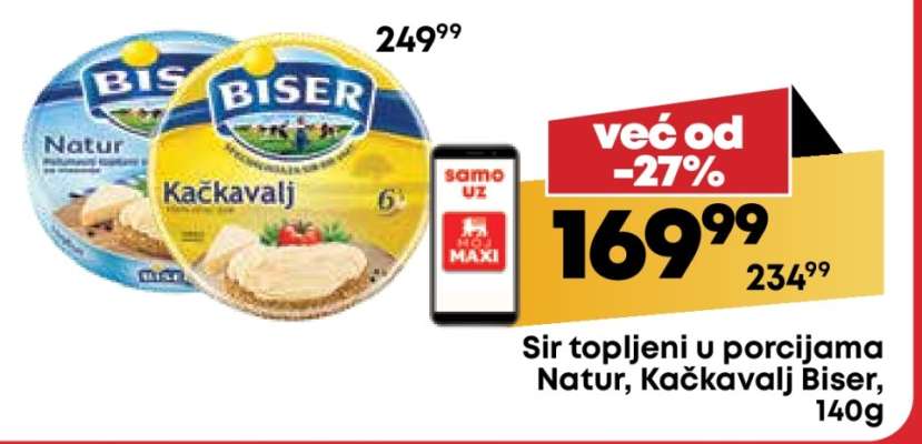 Sir topljeni u porcijama Natur, kačkavalj Biser, 140g