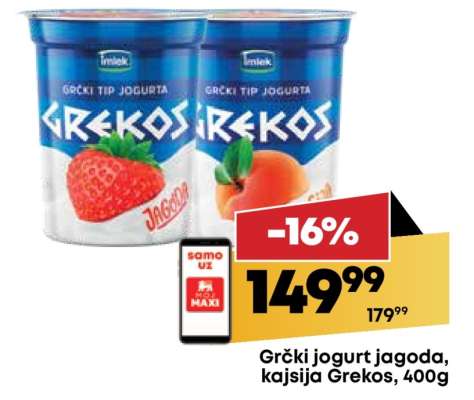 Grčki jogurt jagoda, kajsija Grekos, 400g