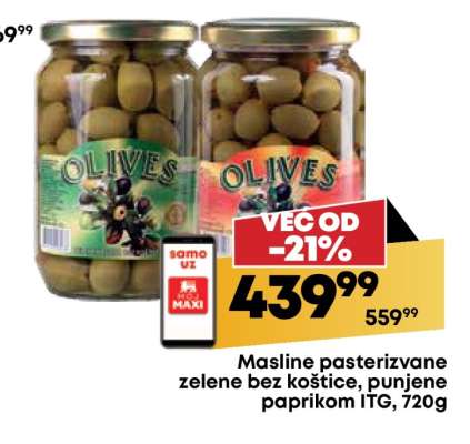 Masline pasterizvane zelene bez koštice, punjene paprikom ITG, 720g