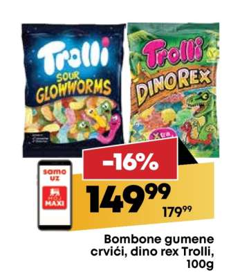 Bombone gumene crvići, dino rex Trolli, 100g