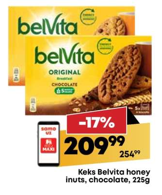 Keks Belvita honey inuts, chocolate, 225g