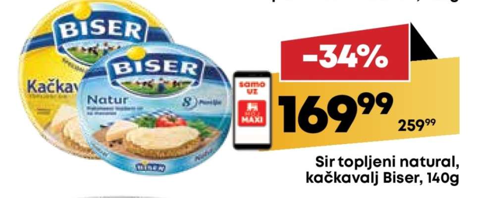 Sir topljeni natural, kačkavalj Biser, 140g
