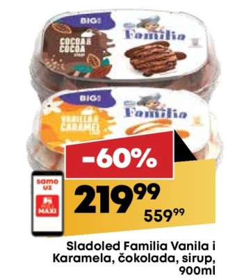 Sladoled Familia Vanila i Karamela, čokolada, sirup, 900ml