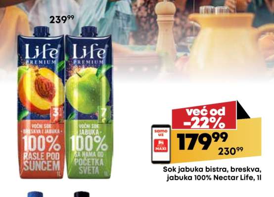 Sok jabuka bistra, breskva, jabuka 100% Nectar Life, 1l