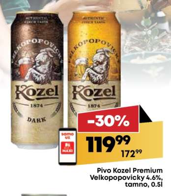 Pivo Kozel Premium Velkopopovicky 4.6%, tmavo, 0.5l