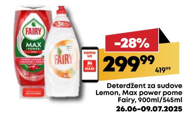 Deterdžent za sudove Lemon, Max power pome Fairy, 900ml/545ml