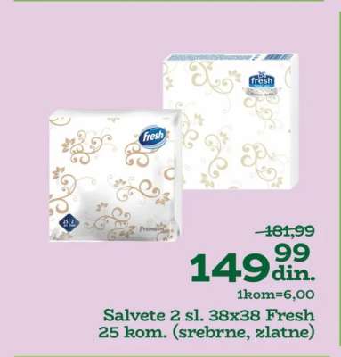 Salvete 2 sl. 38x38 Fresh 25 kom. (srebrne, zlatne)