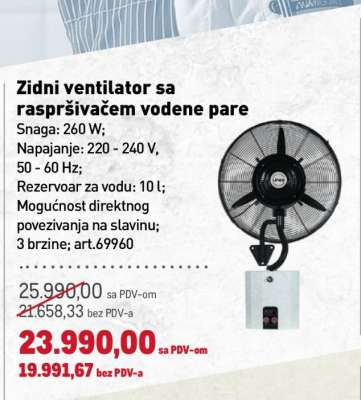 Zidni ventilator sa raspršivačem vodene pare