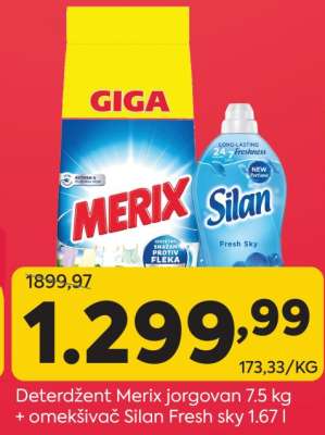 Deterdžent Merix jorgovan 7.5 kg + omekšivač Silan Fresh sky 1.67 l