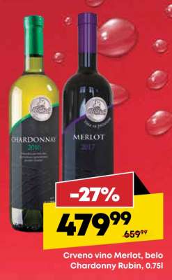 Crveno vino Merlot, belo Chardonnay Rubin, 0,75l