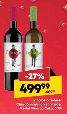 Vino belo Lederer Chardonnayc, crveno Lader Merlot Vinarija Čoka, 0.75l