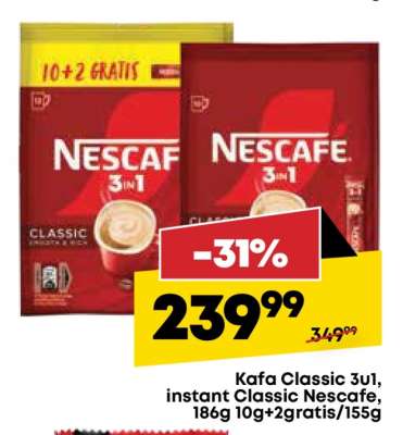 Kafa Classic 3u1, instant Classic Nescafe, 186g 10g+2gratis/155g