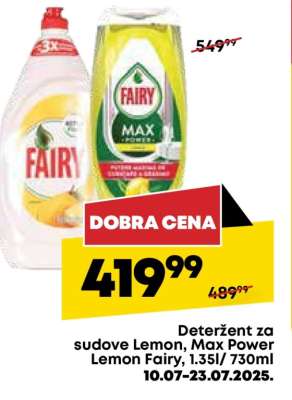 Deteržent za sudove Lemon, Max Power Lemon Fairy, 1.35l/730ml