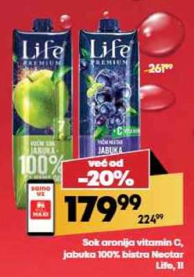 Sok aronija vitamin C, jabuka 100% bistra Nectar Life, 1l