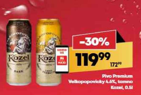 Pivo Premium Velkopopovicky 4,6%, tmavo Kozel, 0,5l
