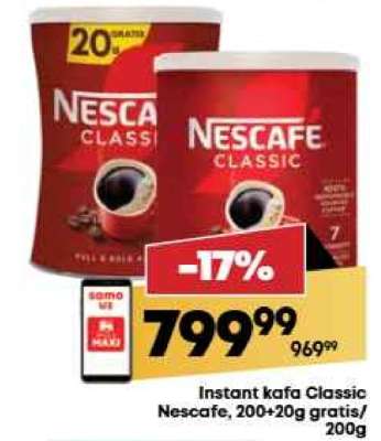 Instant kafa Classic Nescafe, 200+20g gratis/200g
