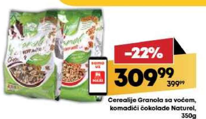Cerealije Granola sa voćem, komadići čokolade Naturel, 350g