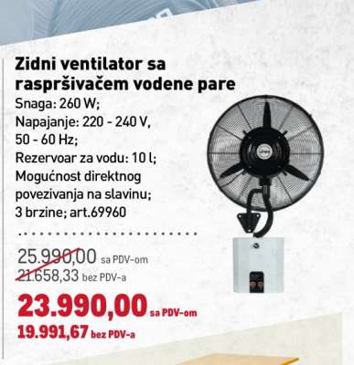 Zidni ventilator sa raspršivačem vodene pare