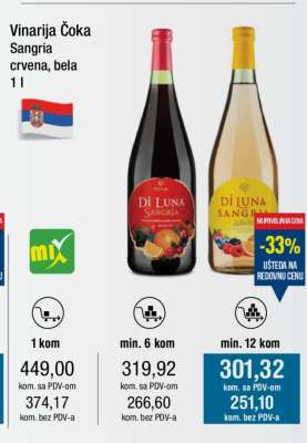 Vinarija Čoka Sangria crvena, bela 1 l