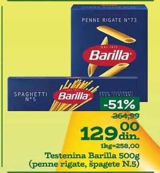 Testenina Barilla 500g (penne rigate, špagete N.5)