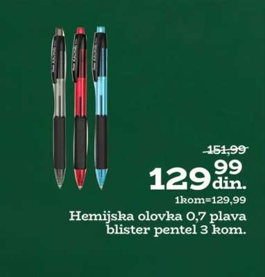 Hemijska olovka 0,7 plava blister pentel 3 kom.