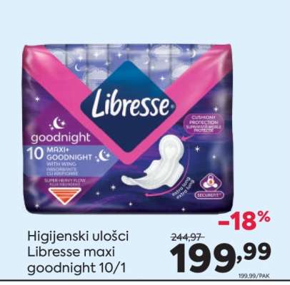Higijenski ulošci Libresse maxi goodnight 10/1