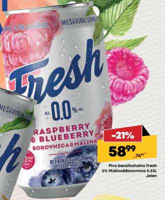 Pivo bezalkoholno Fresh 0% Malina&Borovnica 0.33l, Jelen