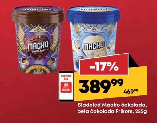 Sladoled Macho čokolada, bela čokolada Frikom, 255g