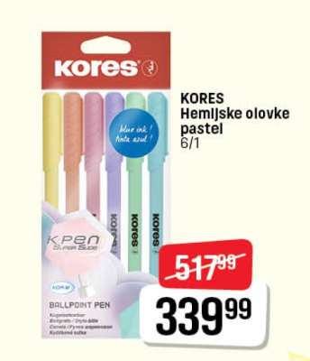 KORES Hemijske olovke pastel 6/1