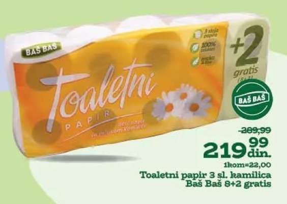 Toaletni papir 3 sl. kamilica Baš Baš 8+2 gratis