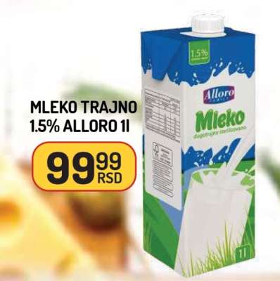 Mleko trajno 1.5% Alloro 1l