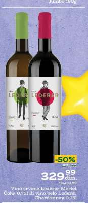 Vino crveno Lederer Merlot Čoka 0,75l ili vino belo Lederer Chardonnay 0,75l