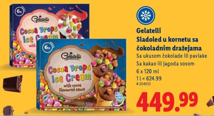 Gelatelli Sladoled u kornetu sa čokoladnim dražejama