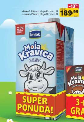 Mleko 2.8%mm Moja Kravica 1l + mleko 2%mm Moja Kravica 1l
